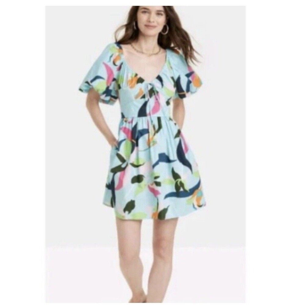 A New Day Floral Puff Sleeve Smocked V neck Neck Mini Dress LARGE